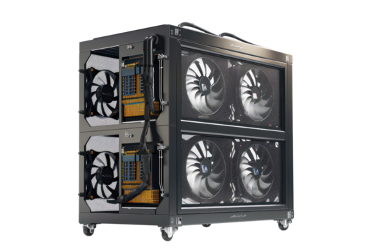 High-performance computer server with cooling fans and advanced hardware setup for data processing and storage solutions.