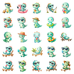 Obraz premium A collection of watercolor adorable cartoon dinosaurs engaging in various summer activities like swimming, eating ice cream, relaxing on the beach.