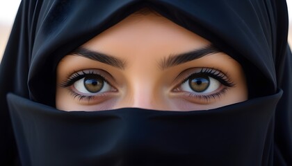 Naklejka premium Arabic afghan arabian woman in a traditional black veil burka niqab burqa close up portrait