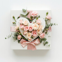 Heart-shaped gift box with flowers on white background
