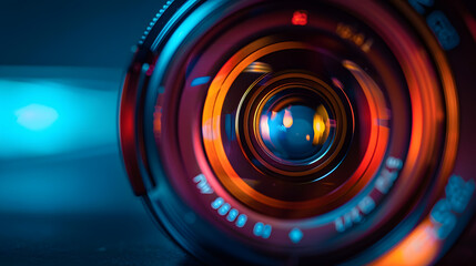 Video camera lens lit by blue and orange color light