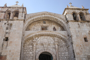 Fototapeta premium Sibayo, Peru - Dec 5, 2023: Colonial Church Iglesia de Sibayo in the Peruvian Andes, Arequipa