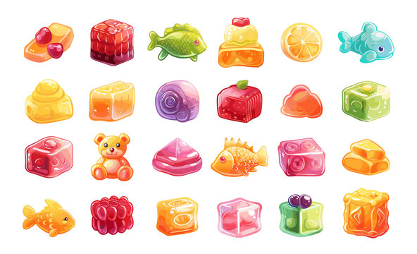 Jelly candies cartoon vector set. Fish bear cube lemon chewy gummy children s sweets, illustration isolated on white background