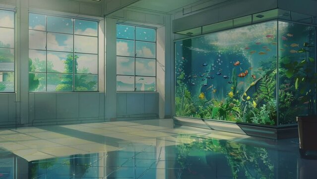 interior of the room with aquarium and beautiful view in the window. digital painting illustration with cartoon or anime style.