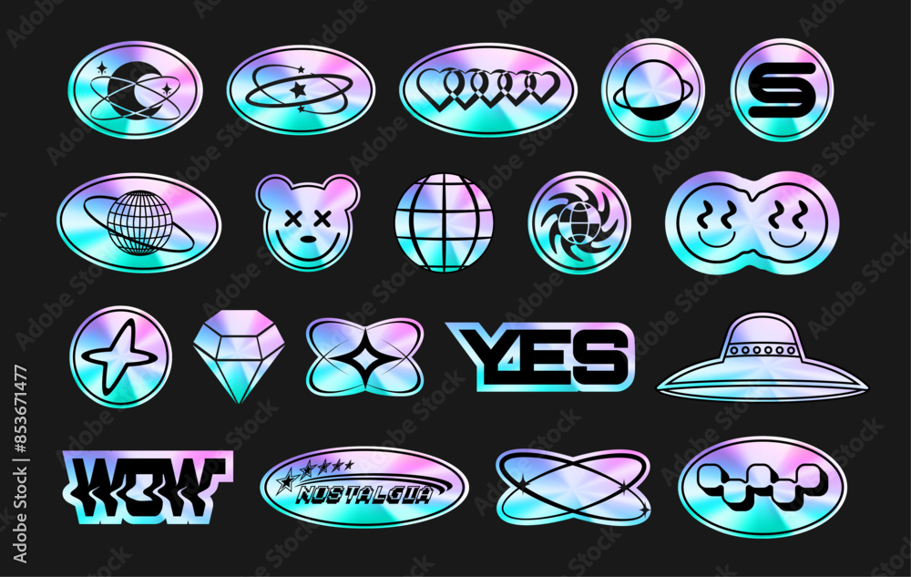 Poster a set of sticker packs in y2k style. holographic. 3d retro futuristic design. foil style labels. ele