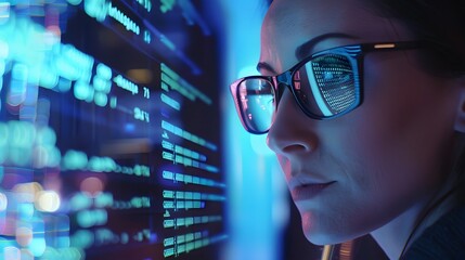 A woman is looking at a computer screen with a lot of code on it