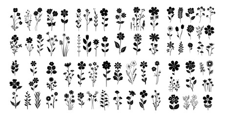 Meadow flowers black silhouettes vector set. Buds petals field stems plants shoots vegetation grass icons isolated on white background
