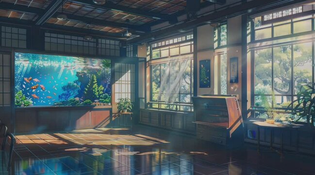 interior of the room with aquarium and beautiful view in the window. digital painting illustration with cartoon or anime style.