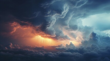 dramatic huge clouds of thunderstorm on sky with sunset