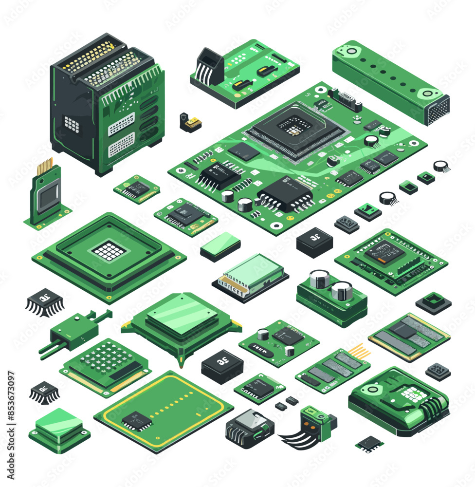 Poster processors isometric vector set. microchips capacitors semiconductors chips motherboard components c