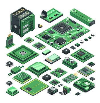 Processors isometric vector set. Microchips capacitors semiconductors chips motherboard components computer pc device isolated on white background