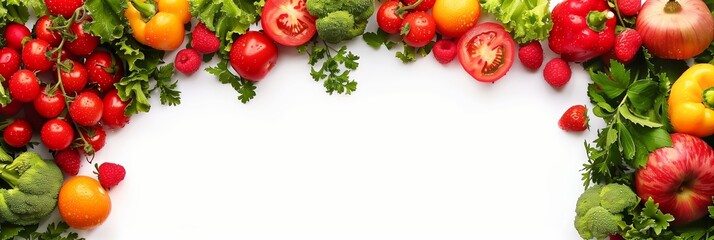 Frame with lots of healthy fruits and vegetables with copy space