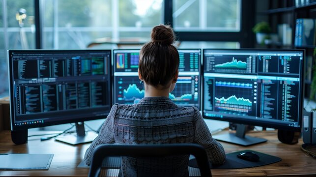A woman works as an operator specialist in a computer data center in front of many monitors with charts and data