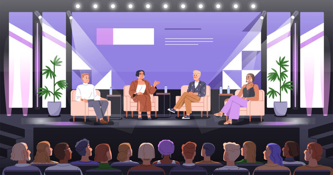 Conference stage with speakers group sitting in chairs, talking, discussing. Business event, forum, discussion. Communication at congress meeting, professional seminar, panel. Flat vector illustration