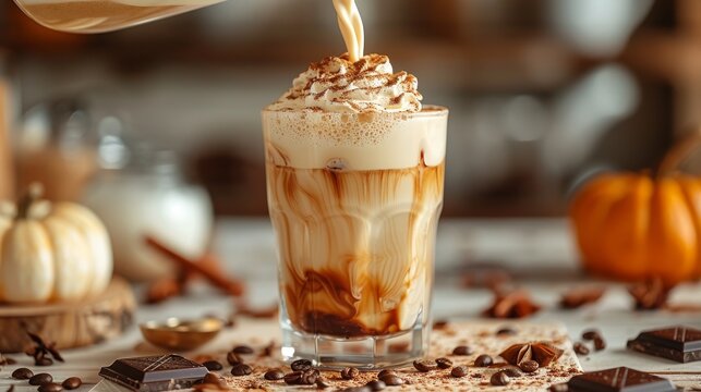 An enticing pumpkin spice latte with caramel swirls and whipped cream in a cafe setting