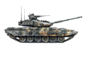 High-resolution image of a modern military tank in camouflage, isolated on a white background, showcasing detailed design and armament.