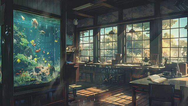interior of the room with aquarium and beautiful view in the window. digital painting illustration with cartoon or anime style.