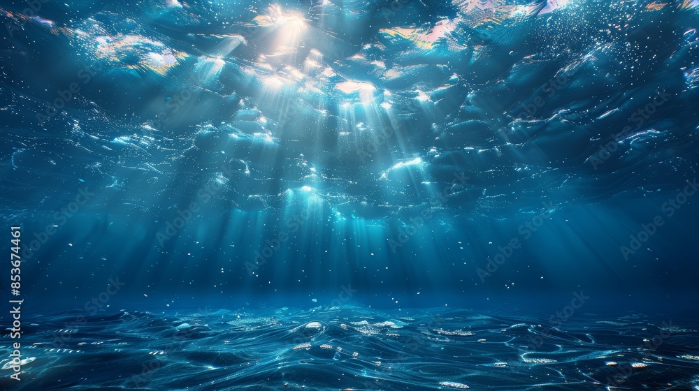 Poster sunlight filters through the ocean surface into the depths, creating a serene underwater scenery wit