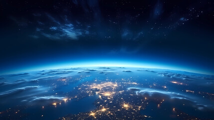 Panoramic view on planet Earth globe from space. Glowing city lights, light clouds