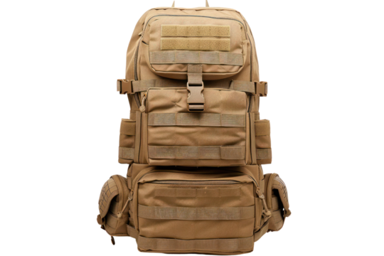 Military backpack in khaki color with multiple pockets and straps, suitable for outdoor activities, hiking, and tactical use.