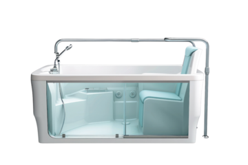 Modern walk-in bathtub with built-in seat and safety bar, designed for accessibility and comfort in home bathrooms.