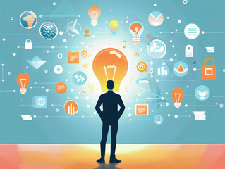 a man standing in front of a light bulb