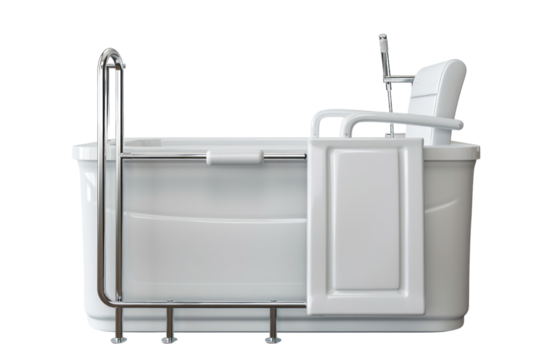 Modern walk-in bathtub with safety door and seat, designed for elderly and disabled individuals. Ideal for safe and comfortable bathing.