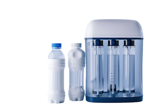 Modern water purifier with two plastic bottles isolated on white background. Clean water concept with advanced filtration system.