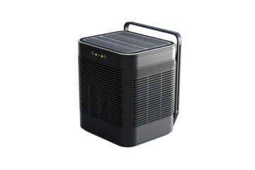 Portable black air purifier with modern design, featuring LED indicators, efficient filtration system, and a convenient carrying handle.