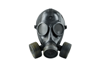 Protective black gas mask with dual filters on a transparent background, isolated gas mask for safety and respiratory protection.