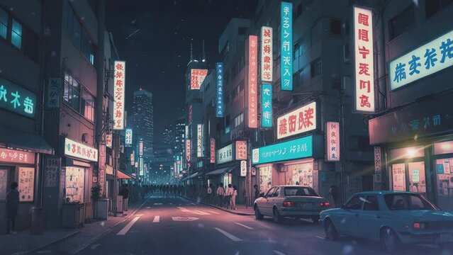 Anime-style Video of an empty street in a city at night. There are buildings on both sides of the street with signs in Chinese characters. The street is lit by streetlights and the light from the sign