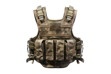 Tactical military bulletproof vest with camouflage design, front view. Essential gear for protection during combat and tactical operations.