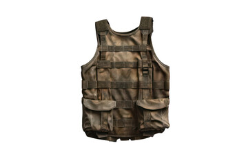 Tactical camouflage vest isolated on a white background, suitable for military and outdoor activities, featuring multiple pockets and sturdy design.