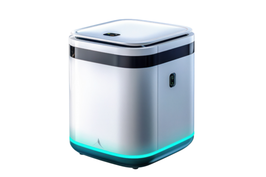 Sleek, modern metallic gadget with illuminated base. Ideal for technology, innovation, or futuristic themes. Compact and stylish.