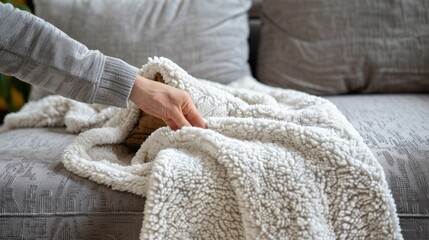 Cozy Home Decor - Hand Placing Throw Blanket on Couch for Warmth and Comfort in New Living Space