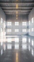 Spacious empty warehouse interior with high ceilings, large windows, and polished concrete floors, illuminated by natural light.