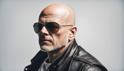Obraz premium portrait of an bald American biker man, isolated white background