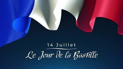 Animated banner bastille day july 14 in France. French flag, fireworks on night sky background. National holiday. Fireworks france flag. Greeting card. Translation: July 14 Bastille Day. Seamless loop