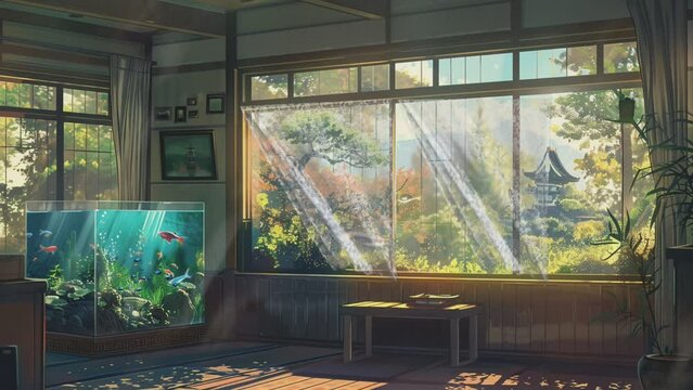 interior of the room with aquarium and beautiful view in the window. digital painting illustration with cartoon or anime style.