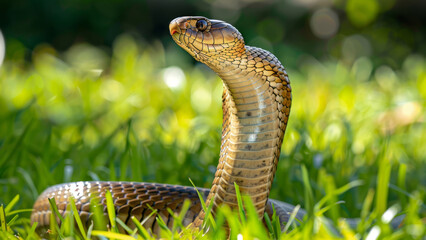 Fototapeta premium A cobra raising its head in the grass, with sunlight highlighting its scales and creating a sense of alertness and danger in the wild.
