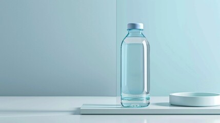 Crystal Clear Water Bottle with Blue Cap on Minimalist White Background. Generative AI