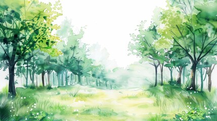 Obraz premium Green forest landscape in watercolor style, white background. Perfect for nature lovers and minimalist design enthusiasts.
