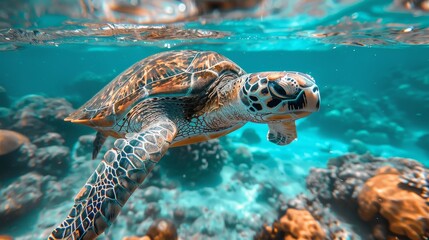 Obraz premium An underwater shot of a sea turtle gracefully swimming above a coral reef, showcasing its patterned shell