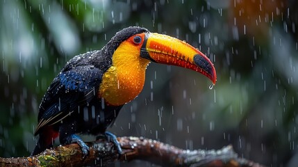 Obraz premium A vibrant toucan sits on a wet branch as raindrops add a dynamic feel to the wildlife scene