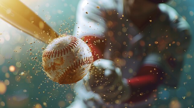 Baseball athlete in action on the stadium, close-up of baseball batter hitting the ball