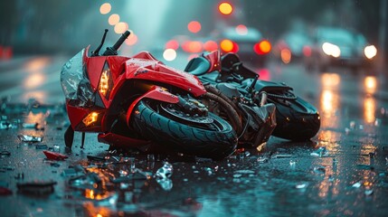 A dramatic image capturing the aftermath of a motorcycle accident with a fallen bike on a wet street, reflecting city lights