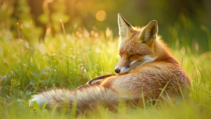 Obraz premium A fox lying in a grassy meadow, its fur illuminated by the golden light of the setting sun, creating a warm and peaceful scene.