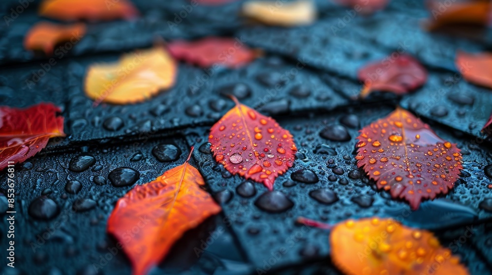 Poster colorful autumn leaves with raindrops on a dark wet surface focus on the texture and patterns of lea