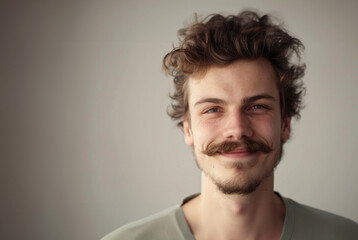 Fototapeta premium A young guy with moustache and bread and messy hair style smiling to the camera
