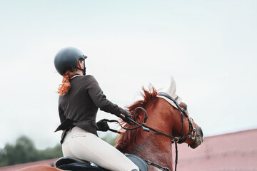 Rider pass the line to barrier. Equestrian sport. Rider from the back close up. The mane is flying